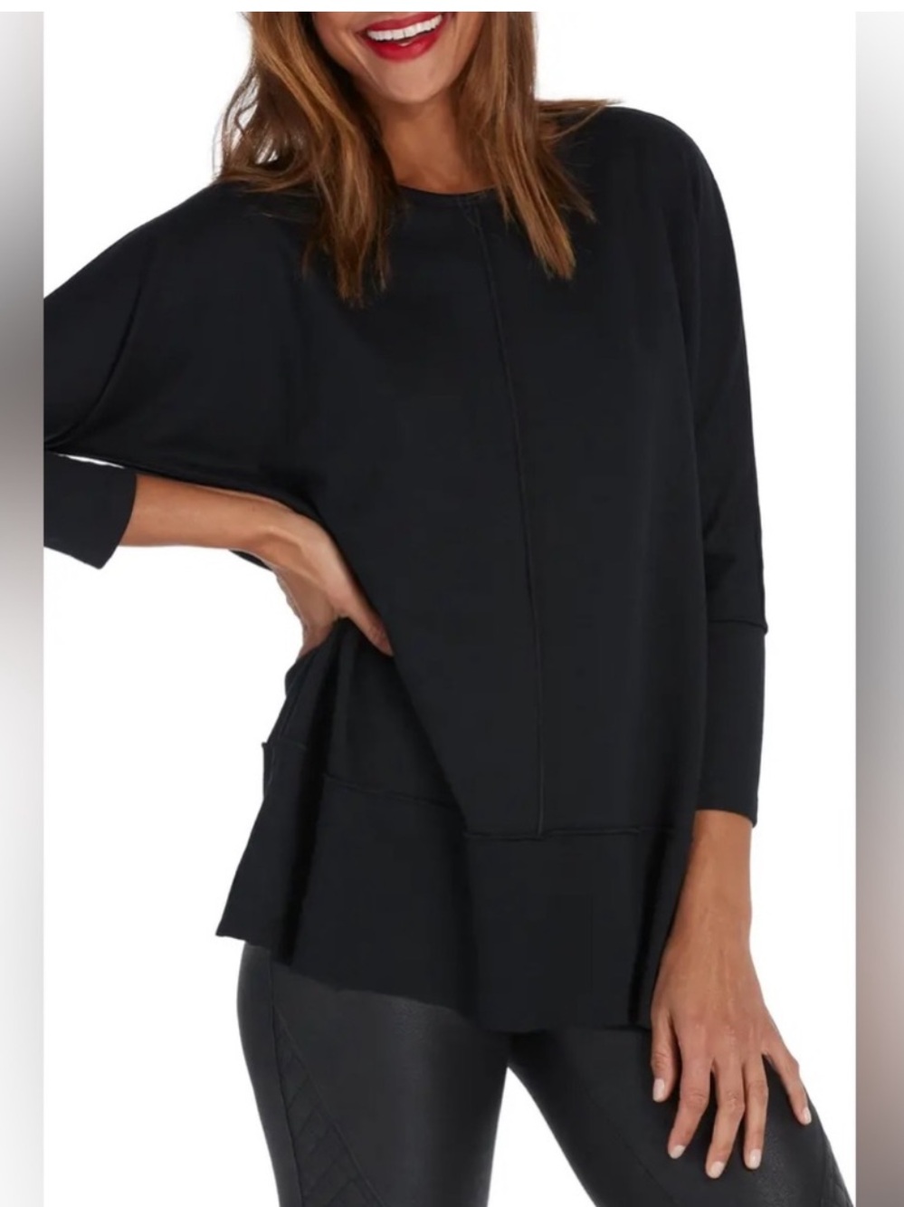 SPANX Perfect Length Black Dolman sweatshirt with side slits.